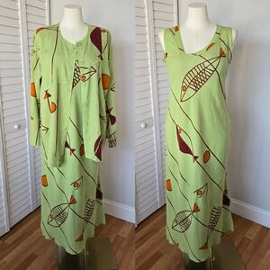 Terracotta Green Linen Dress‎ Shacket Set Women's XL Lagenlook Eclectic Artsy